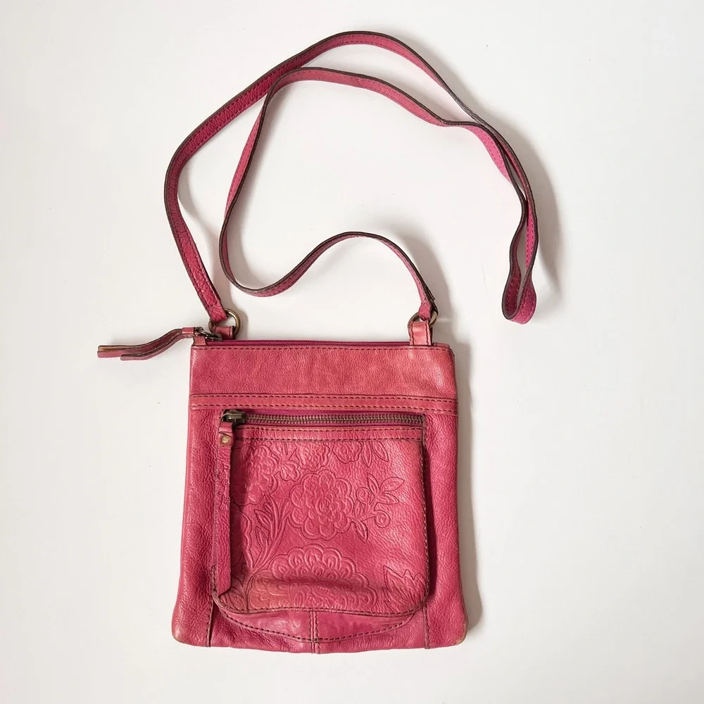 Fossil Crossbody Bag Small Pink Leather Floral Embossed Zip Pocket Adjustable